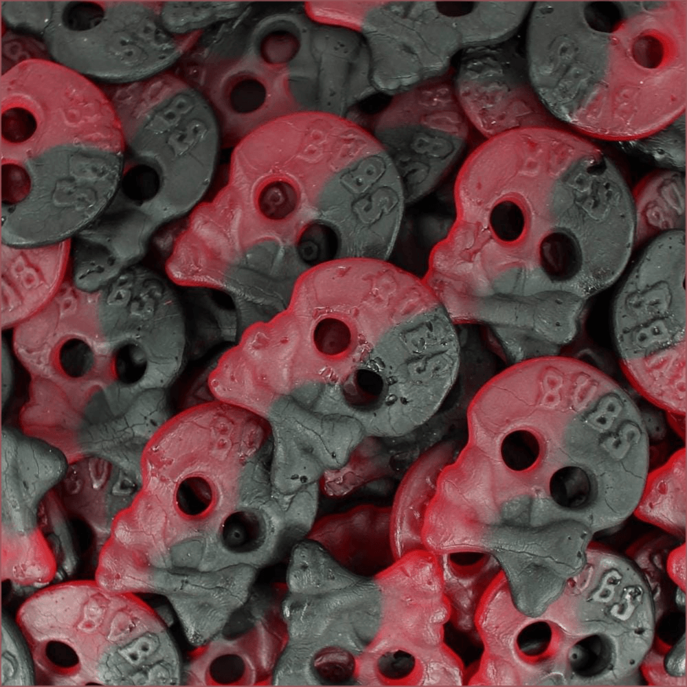 BUBS Raspberry Liquorice Skulls, a bag of vegan Swedish jelly candy.