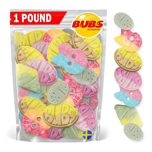 Bubs Swedish Candy Mix in a 1-pound bag, vegan gelatin-free Swedish candy with colorful fruity shapes.