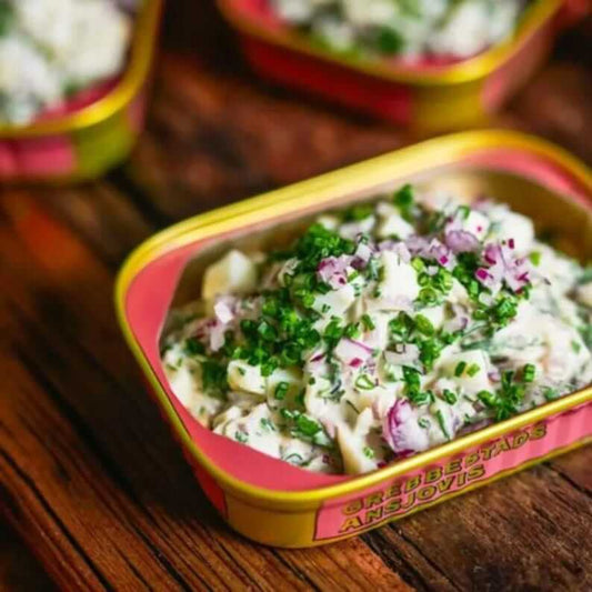 Grebbestads Ansjovis Original Abba, Swedish Anchovy Fish & Sprats Delicacy, Can 125g (4.40oz) with chopped herbs.