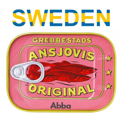 Grebbestads Ansjovis Original Abba, Swedish Anchovy Fish & Sprats Delicacy, Can 125g (4.40oz) packaging image.