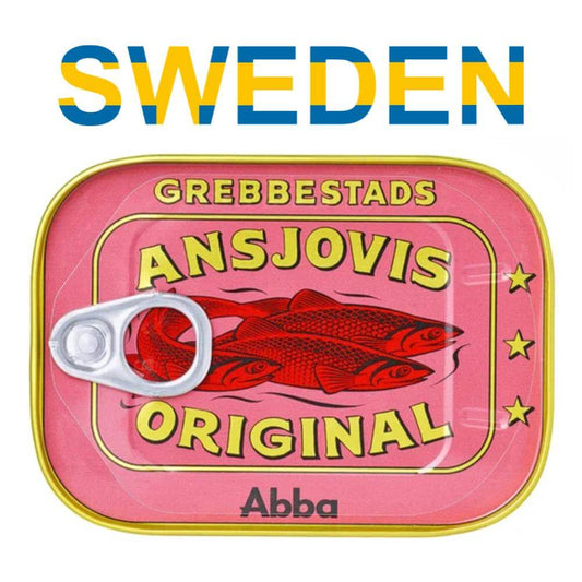 Grebbestads Ansjovis Original Abba, Swedish Anchovy Fish & Sprats Delicacy, Can 125g (4.40oz) packaging image.