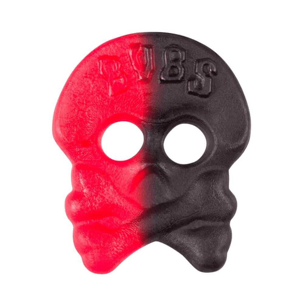 BUBS Raspberry Liquorice Skulls, a bag of vegan Swedish jelly candy.

