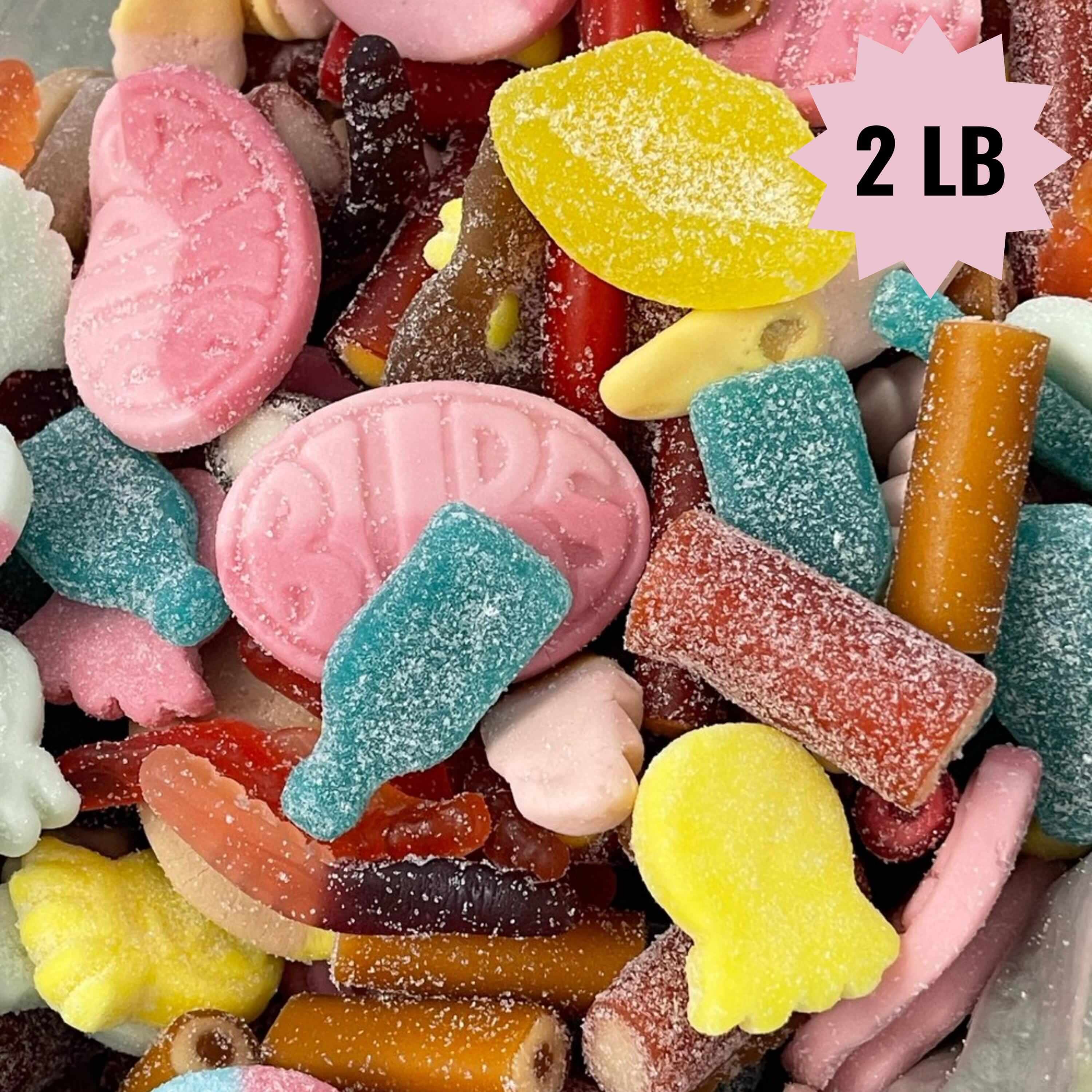 A colorful mix of Swedish lösgodis candy in a pick & mix assortment.

