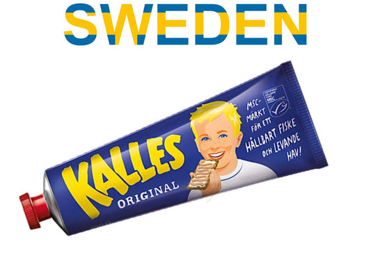 Kalles Kaviar Original, Swedish Kalles Kaviar Creamed Smoked Cod Roe Spread tube with Swedish branding.
