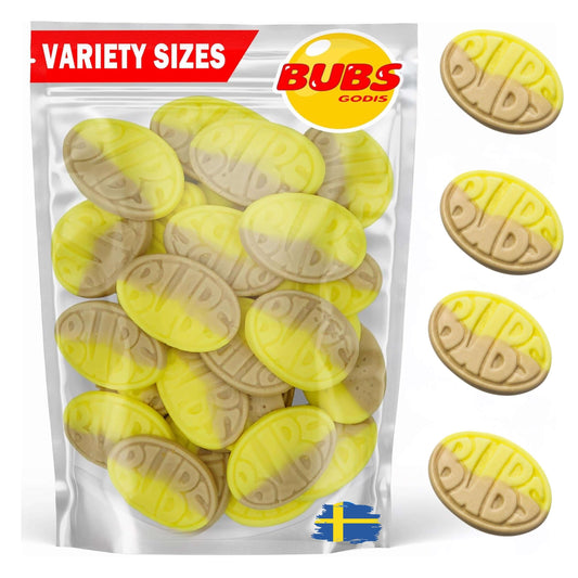 BUBS Banana and Caramel Ovals in a clear bag with variety of sizes shown, featuring vibrant yellow and beige candies.