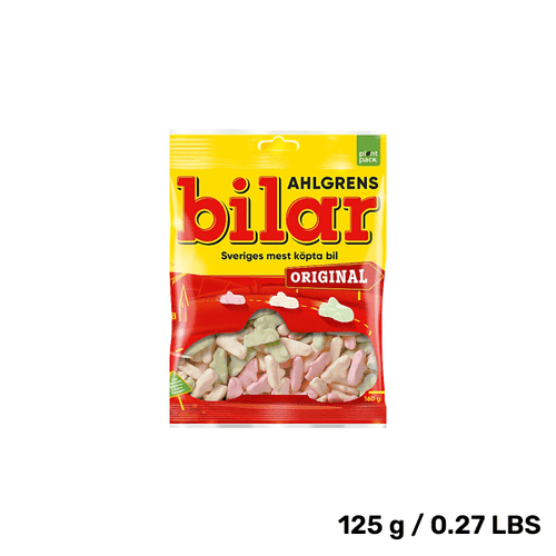 Bag of ScandyBites Bilar Original, soft chewy Swedish candy cars.

