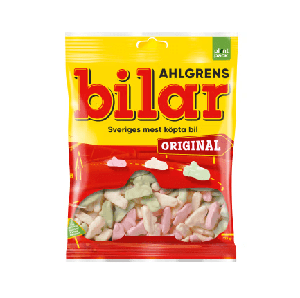 Bag of ScandyBites Bilar Original, soft chewy Swedish candy cars.

