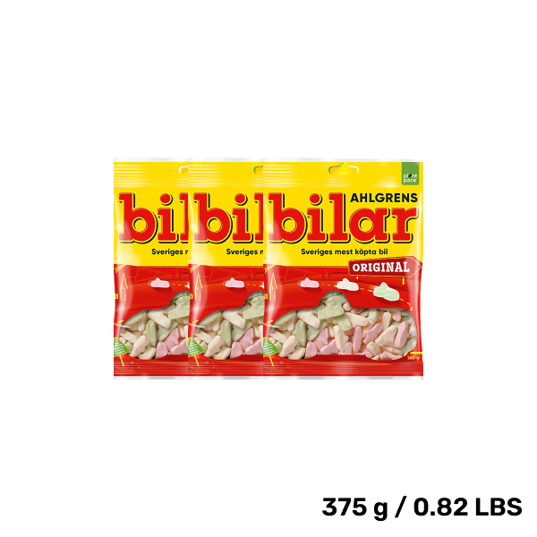 Bag of ScandyBites Bilar Original, soft chewy Swedish candy cars.

