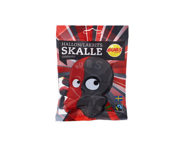 Sweet and salty Swedish candy by BUBS, raspberry licorice skull.

