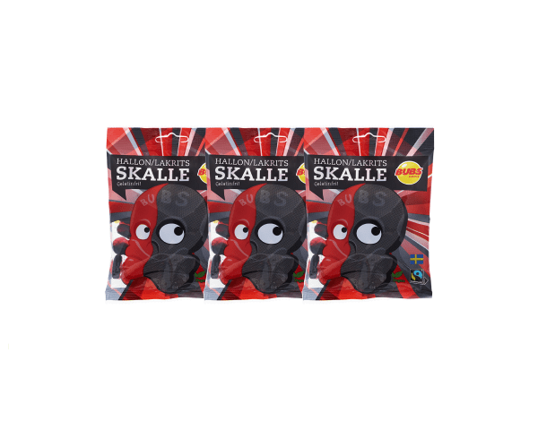 Sweet and salty Swedish candy by BUBS, raspberry licorice skull.

