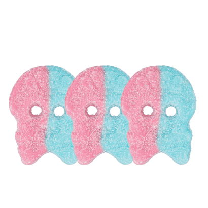 BUBS Dizzy skull candy with vibrant bubble gum flavor.

