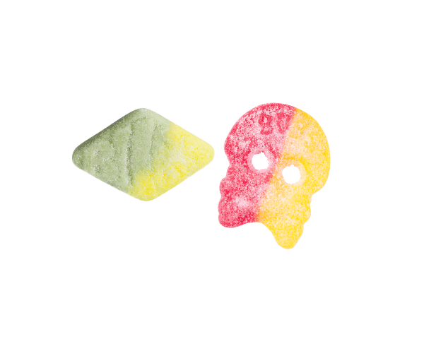 BUBS sour candy mix with giant sour skulls and tutti frutti rombs.

