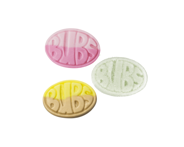 BUBS oval candy mix with strawberry, banana, and pear flavors.

