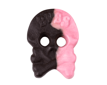 Soft Swedish candy by BUBS, light raspberry licorice skull.

