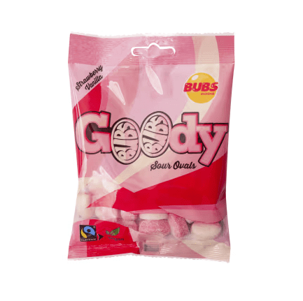 BUBS Goody Foam Ovals, soft strawberry vanilla Swedish candy.

