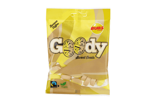 Banana caramel candy in a bag, a vegan and fairtrade Swedish sweet.

