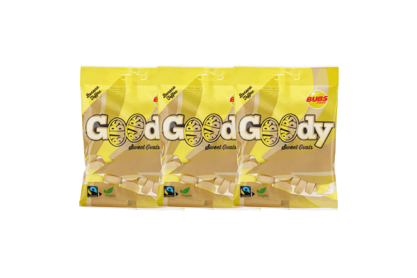 Banana caramel candy in a bag, a vegan and fairtrade Swedish sweet.