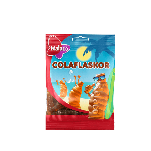 Bag of Malaco Cola Bottles, soft vegan Swedish cola gummies.

