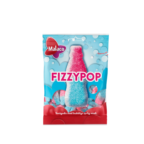 Bag of Malaco Fizzypop, Swedish bubblegum flavored bottle gummies.

