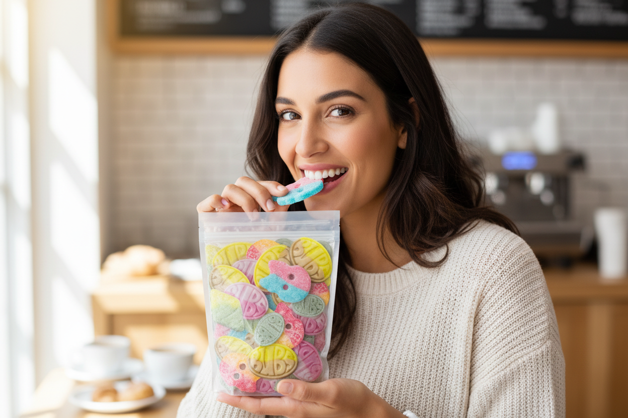 Woman holding bag and tasting candy